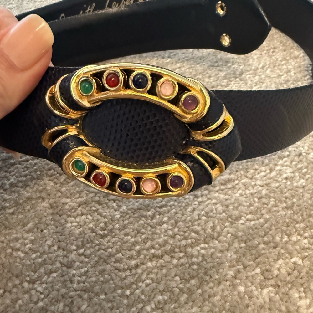 Judith Leiber Black Belt with Gold and Jewel Accents